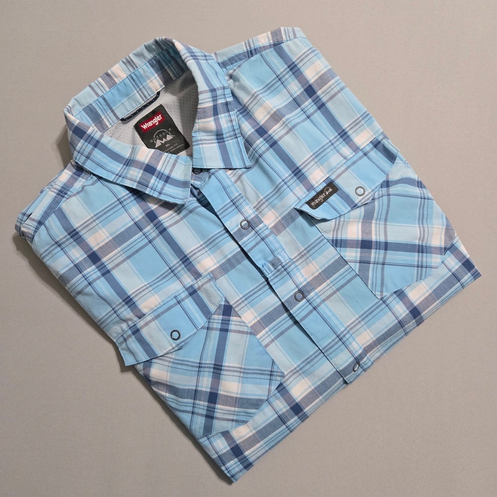 Wrangler Outdoor Fishing Shirt Mens XL Blue Plaid Snap Front Utility